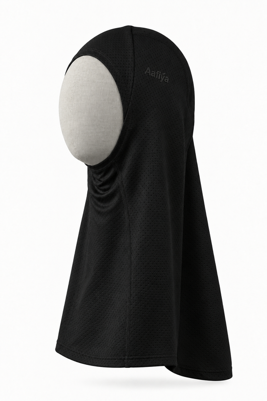 Aafiya Studio Core 01 Sport Hijab in black, back view on model